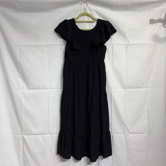 Old Navy Black Flutter-Sleeve Tiered Smocked Midi Dress Sz S - Picture 2 of 11